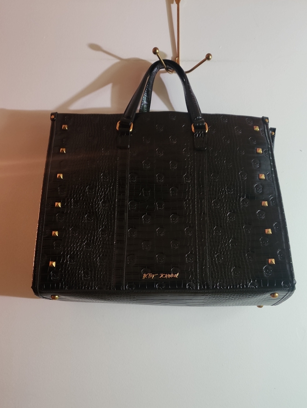 Betsy Johnson Black Croc Embossed With Skull/Gold Studs  XOMattie Tote Bag